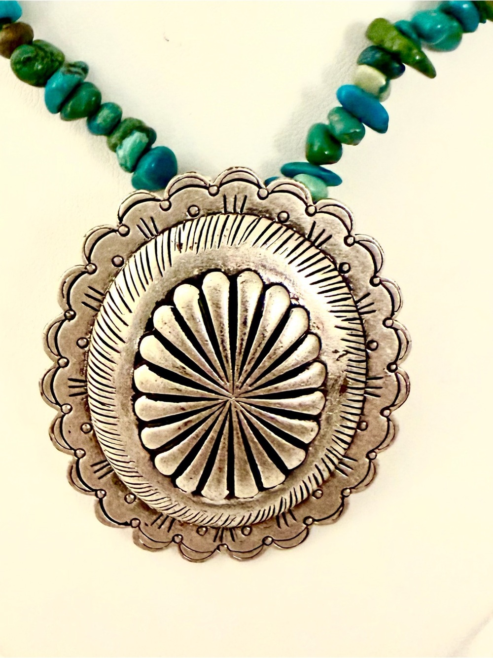 Lauren Ralph Lauren Turquoise Chip Concho Medallion Necklace Silver Tone LRL